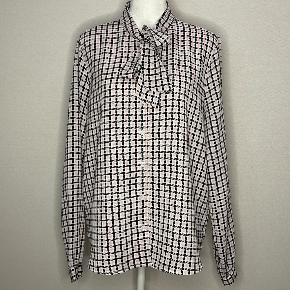 Forever 21 Pink Black Houndstooth Bow Neck Blouse Long Sleeve L Preppy Office